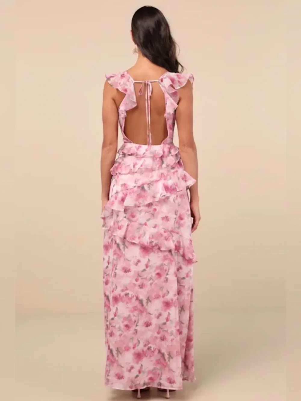 NWT Lulu's Pink Floral Ruffle-Tier Open Back with Tie Maxi Dress XL - Picture 1 of 9